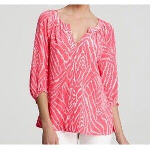 Lilly Pulitzer Size XS Moxy V-Neck Silk Blouse Top hot Pink White nwot